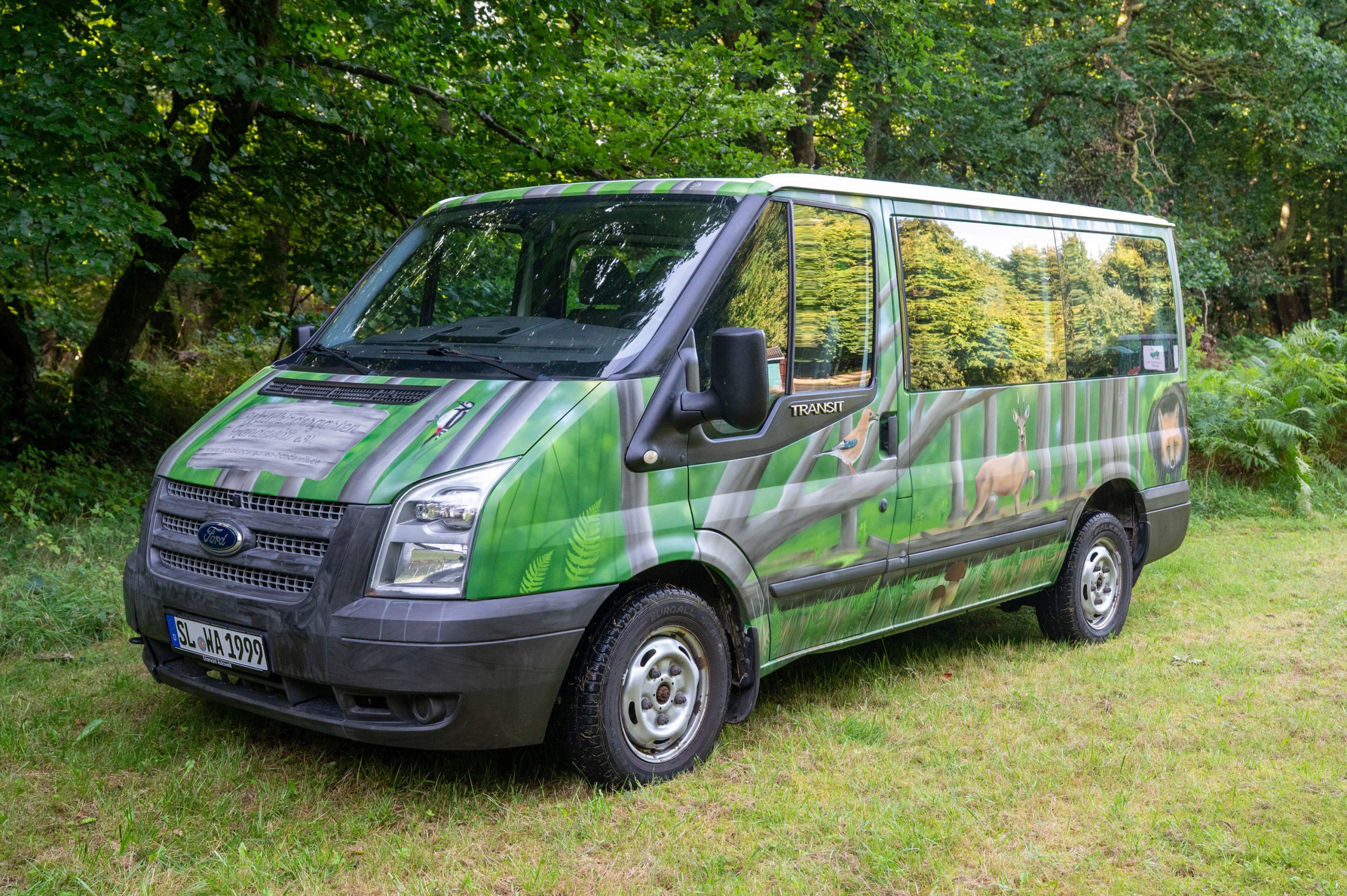 Ford Transit mit Waldmotiven und norddeutschen Tieren, kreativ bemalt für den Waldkindergarten Handewitt.