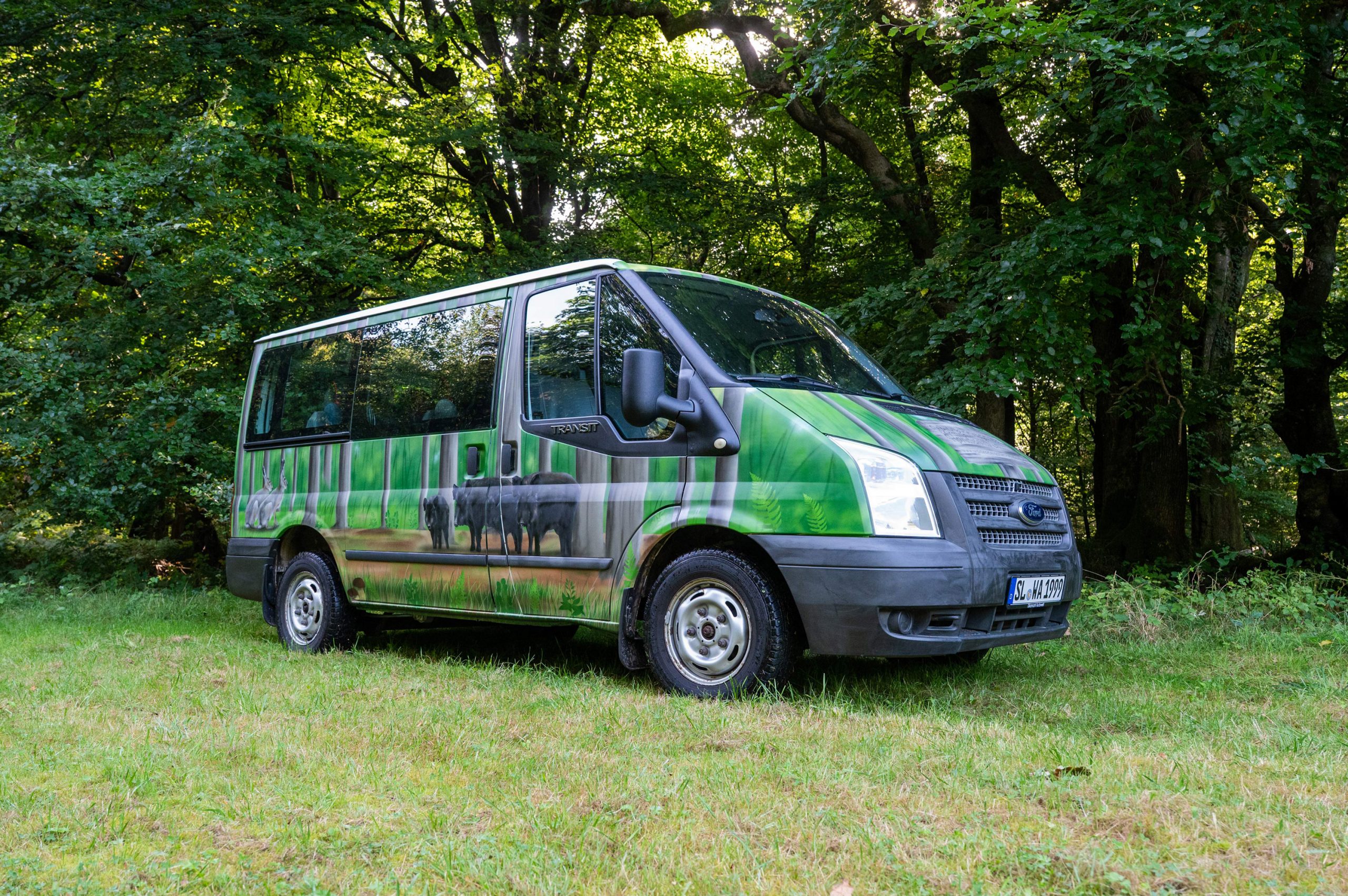 Ford Transit mit Waldmotiven und norddeutschen Tieren, kreativ bemalt für den Waldkindergarten Handewitt.