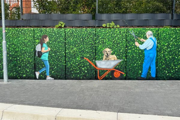 Illusionsmalerei mit Graffiti – grüne Hecke als Wandkunst am Bahnhof Sörup
