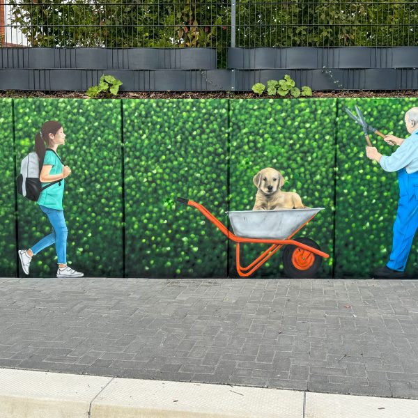 Illusionsmalerei mit Graffiti – grüne Hecke als Wandkunst am Bahnhof Sörup