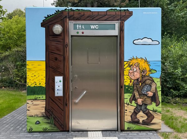 Graffiti Comic Schleswig mit Wikinger Motiv auf einem Beton WC
