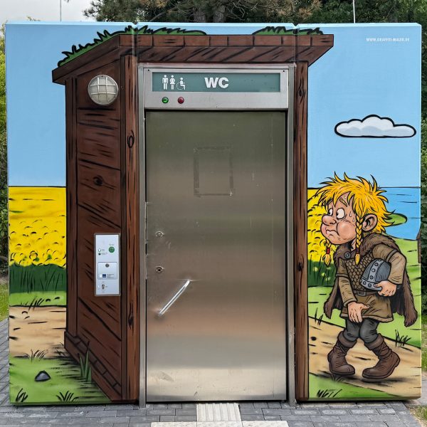 Graffiti Comic Schleswig mit Wikinger Motiv auf einem Beton WC